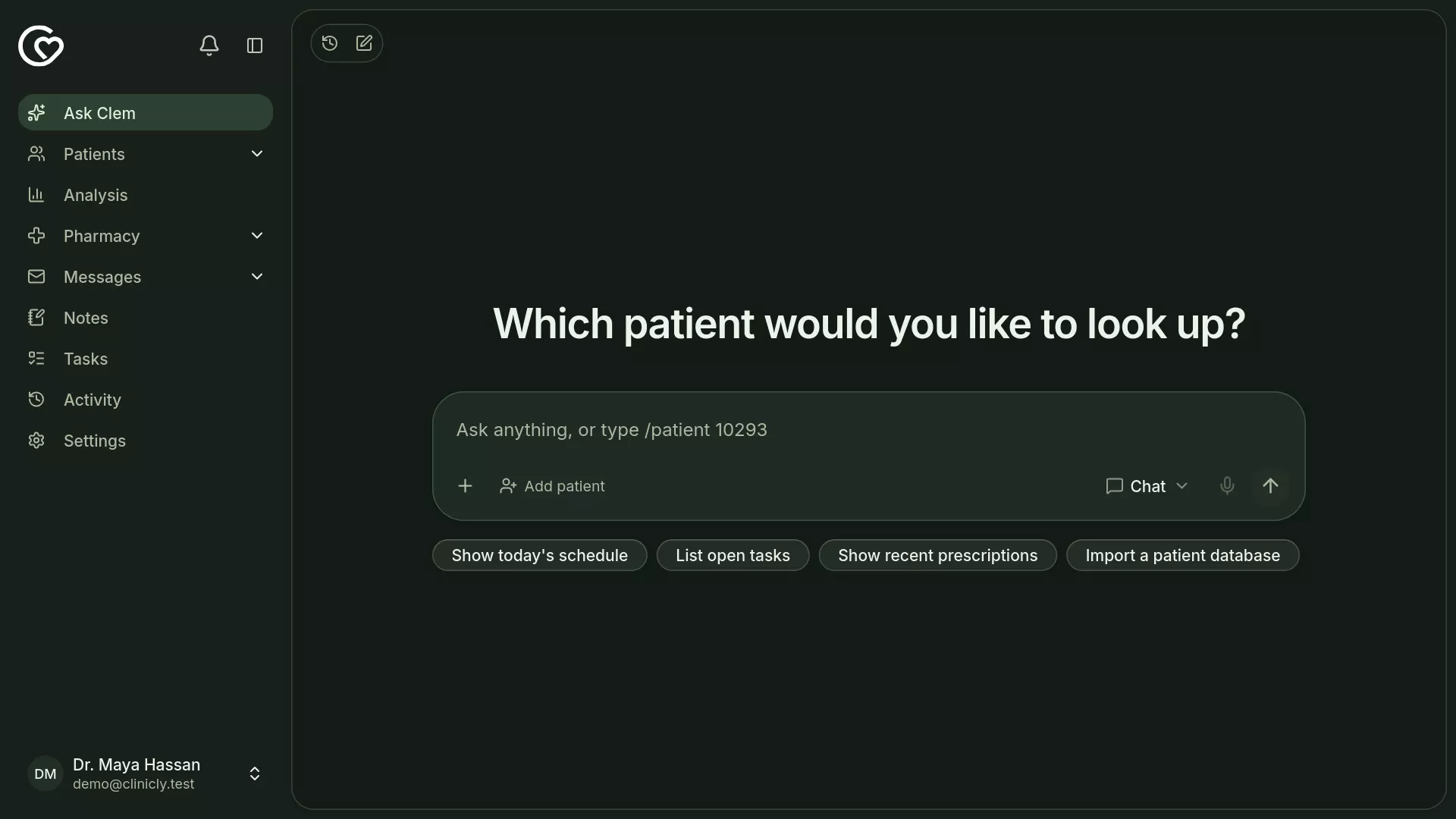 Clinicly AI chat asking which patient to look up (dark mode)