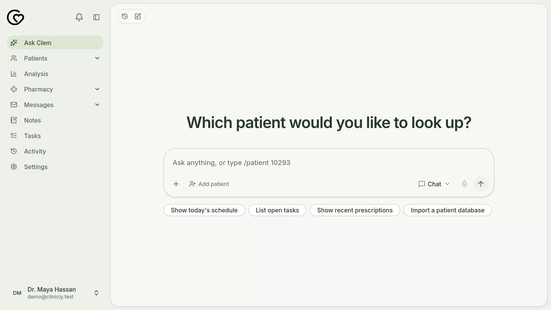 Clinicly AI chat asking which patient to look up (light mode)